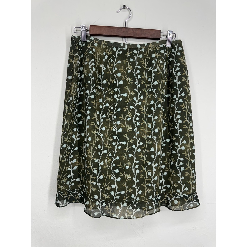 VTG 90s Sheath A-Line Skirt Womens 10 Green Floral Lined Chiffon Flowy Layered